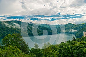 Azerbaijan, Goygol: Panoramic view landscape scenery on famous Lake