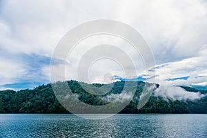 Azerbaijan, Goygol: Panoramic view landscape scenery on famous Lake