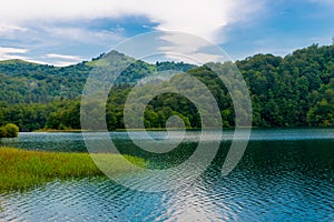 Azerbaijan, Goygol: Panoramic view landscape scenery on famous Lake