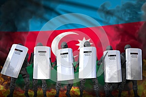 Azerbaijan police swat protecting country against disorder - protest fighting concept, military 3D Illustration on flag background