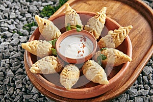 Azerbaijani Fried Dumplings Giurza with Minced lamb Meat also known as Gyoza