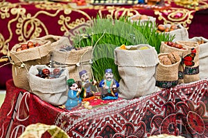 Azerbaijani national holiday Novruz.Zoroastrianism.Traditional holiday treats. Seeds, walnuts, dates.