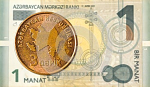 3 azerbaijani qepik coin against 1 azerbaijani manat bank note