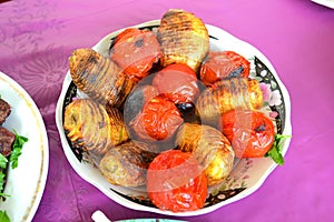 Azerbaijani skewers of potatoes and tomatoes