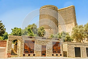 Azerbaijani stone buildings with GÄ±z GalasÄ± medieval Maiden tower, old town, Baku