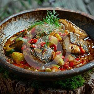 Azeri Syrdak with Sea Bass, , Homemade Asian Seafood Dish, Vegetables and Leek on Natural Moss photo
