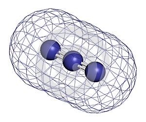 Azide anion, chemical structure. Azide salts are used in detonators and as propellants. 3D rendering. Atoms are represented as photo
