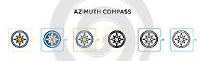 Azimuth compass vector icon in 6 different modern styles. Black, two colored azimuth compass icons designed in filled, outline, photo