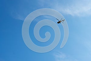 ÅAZISKA GÃ³RNE, POLAND - Aug 25, 2019: Rescue helicopter on a background of the blue sky