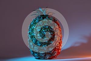 Azorean Pineapple in neon light on dark background. Close-up. Pineapple (Ananas) fruit from Azores photo