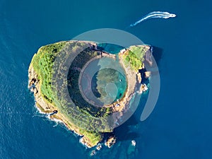 Azores aerial panoramic view. Top view of Islet of Vila Franca do Campo. Crater of an old underwater volcano. San Miguel island, A photo