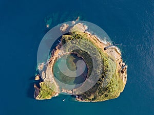 Azores aerial panoramic view. Top view of Islet of Vila Franca do Campo. Crater of an old underwater volcano. San Miguel island, A