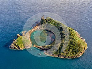 Azores aerial panoramic view. Top view of Islet of Vila Franca do Campo. Crater of an old underwater volcano. San Miguel island, A