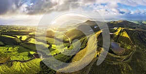 Azores - Aerial view of the volcanic mountains and lakes, with green farmland of Sete Cidades on Sao Miguel Island, Portugal