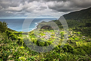 Azores coastline landscape in Faja Grande, Flores island. Portugal.