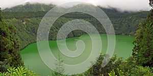 Azores, The green Santiago Lagoon under clouds