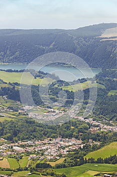 Azores landscape with Furnas lake and village from Salto Cavalo