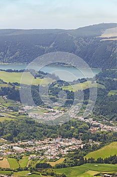 Azores landscape with Furnas lake and village from Salto Cavalo photo