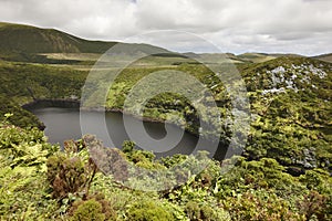 Azores landscape with lake in Flores island. Caldeira Comprida. photo