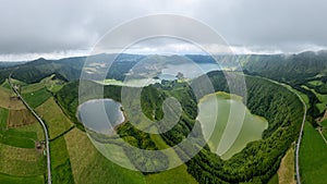 Azores landscape view. Aerial view of the lagoons on the island of Sao Miguel. Portugal best travel vacation destination. Panorami