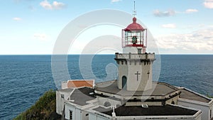 Azores. Lighthouse on the shores of the Atlantic Ocean. Lighthouse at the East of Sao Miguel island.