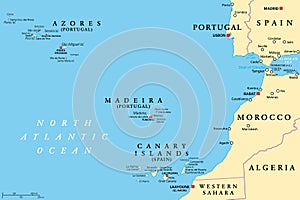 Azores, Madeira, and Canary Islands, autonomous regions, political map