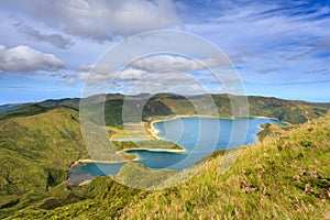 Azores, Portugal. Beautiful lagoon on the island of Sao Miguel, travel destination. Breathtaking natural landscape in the backgrou