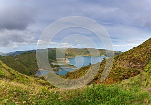 Azores, Portugal. Beautiful lagoon on the island of Sao Miguel, travel destination. Breathtaking natural landscape in the backgrou