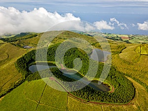 Azores, the safest European holiday destinations for post-pandemic travel. Drone aerial view of volcanic landscape. Sao Miguel isl