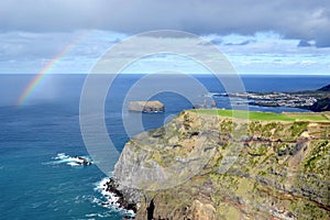 Azores, Sao Miguel, Mosteiros, the western coast of the island in the sea cliffs, rainbow
