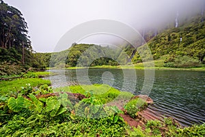 Azores scenic landscape, Flores island. Iconic lagoon with several waterfalls on a single rockface, flowing into lake Alagoinha