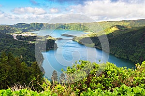 Azores - volcanic blus lake Sete Cidades, green landscape in Portugal, San Miguel photo