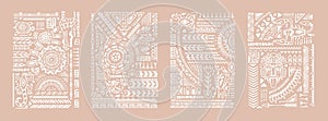 Aztec, African, Mayan ornaments set. Abstract geometric shapes and animals in boho style, ethnic pattern, tribal