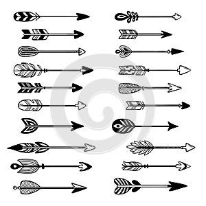 Aztec arrows. Ornament bow arrow with feather, hipster graphic pointer and tribal arrowhead hand drawn vector set