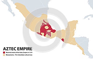 The Aztec Empire, map of the Triple Alliance and maximal extent in 1519