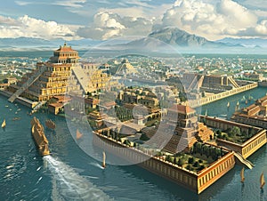 Aztec Empire Tenochtitlan in its full glory canals and temples reflecting a sophisticated culture photo
