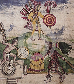 Aztec gladiatorial fighting with prisoners. Tlacaxipehualiztli rituals