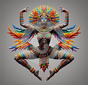 Aztec maya dancer costume illustration, symmetrical and colorful , arms up with headgear