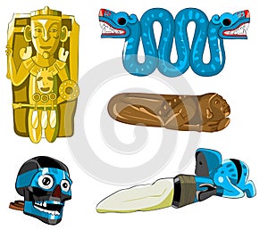 Aztec and Maya sculptures and mask.