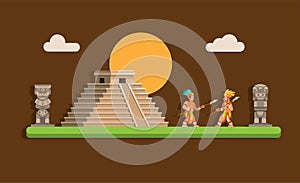 Aztec mayan ancient pyramid with warrior illustration in flat cartoon vector