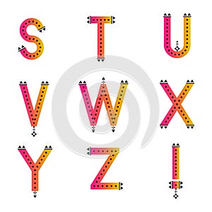 Aztec pattern black dotted alphabets. Bright gradient ABC collection. Simple ethnic style letters. Isolated vector characters font