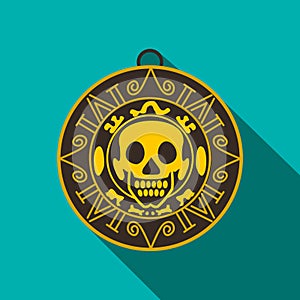 Aztec pirate gold coin icon, flat style