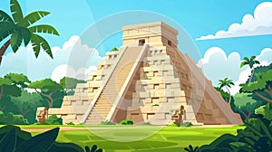 Aztec pyramid, temple and statues, historical landmarks of Maya civilization. Modern cartoon illustration of tropical