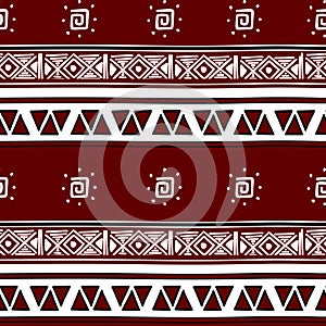 Aztec seamless pattern with stripes red color tribal hand drawn multicolor background. Ethnic drawing symbol vector illustration