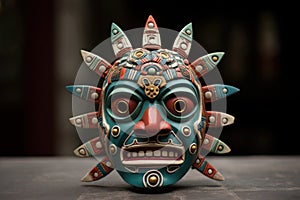 Aztec traditional, ceremonial mask on dark background. Warrior mask. Tribal totem. Aztec-inspired mask showcasing