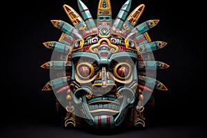 Aztec traditional ceremonial mask on dark background. Warrior mask. Tribal totem. Aztec-inspired mask showcasing