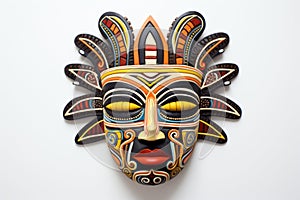 Aztec traditional, ceremonial mask on white background. Warrior mask. Tribal totem. Aztec-inspired mask showcasing