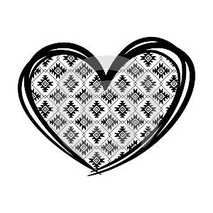 Aztec tribal pattern hand drawn doodle heart on the white background. Isolated illustration