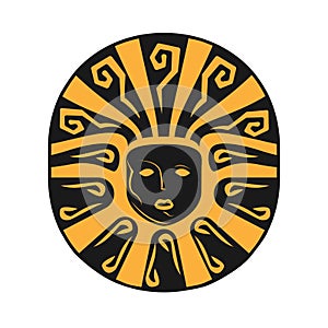 Aztec tribal sun symbol with human face. Vector logo