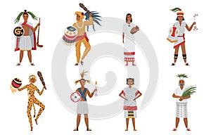Aztec tribe people of ancient civilization set, man woman in traditional dress clothes